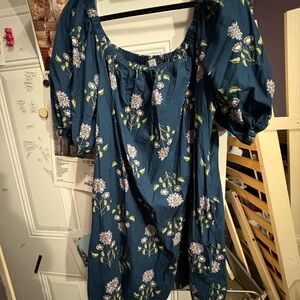 Old Navy Teal Blue Floral Puff-Sleeve Peasant Tunic